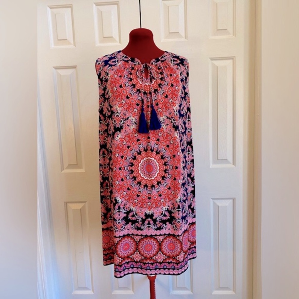 Chico’s Women Floral Geo Print Dress Size 3 - Front tassels Preowned - Picture 2 of 8